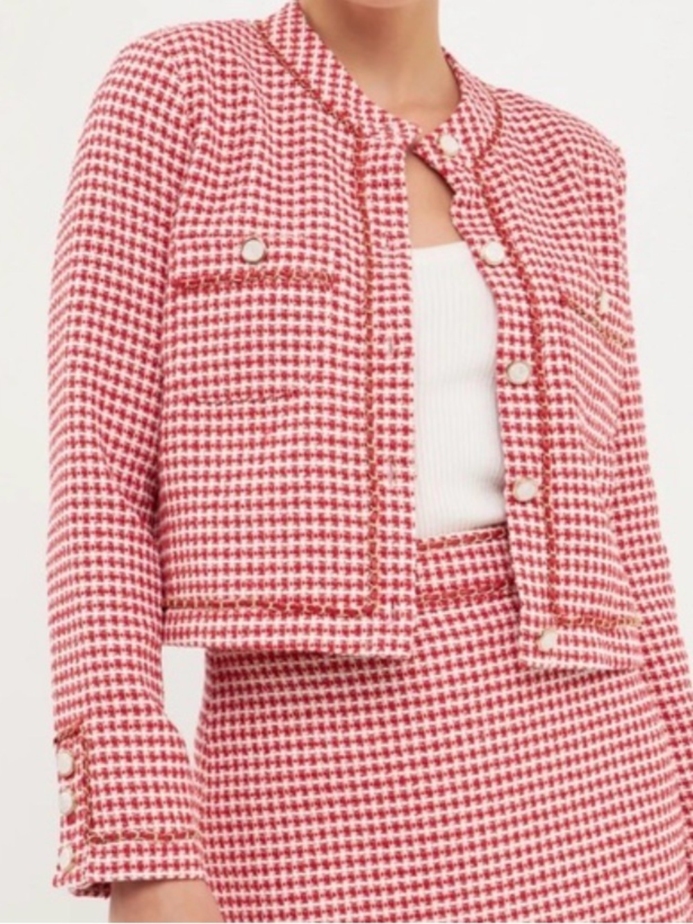 Endless Rose Red and White Houndstooth Blazer with Gold Chain Detail - Picture 2 of 5